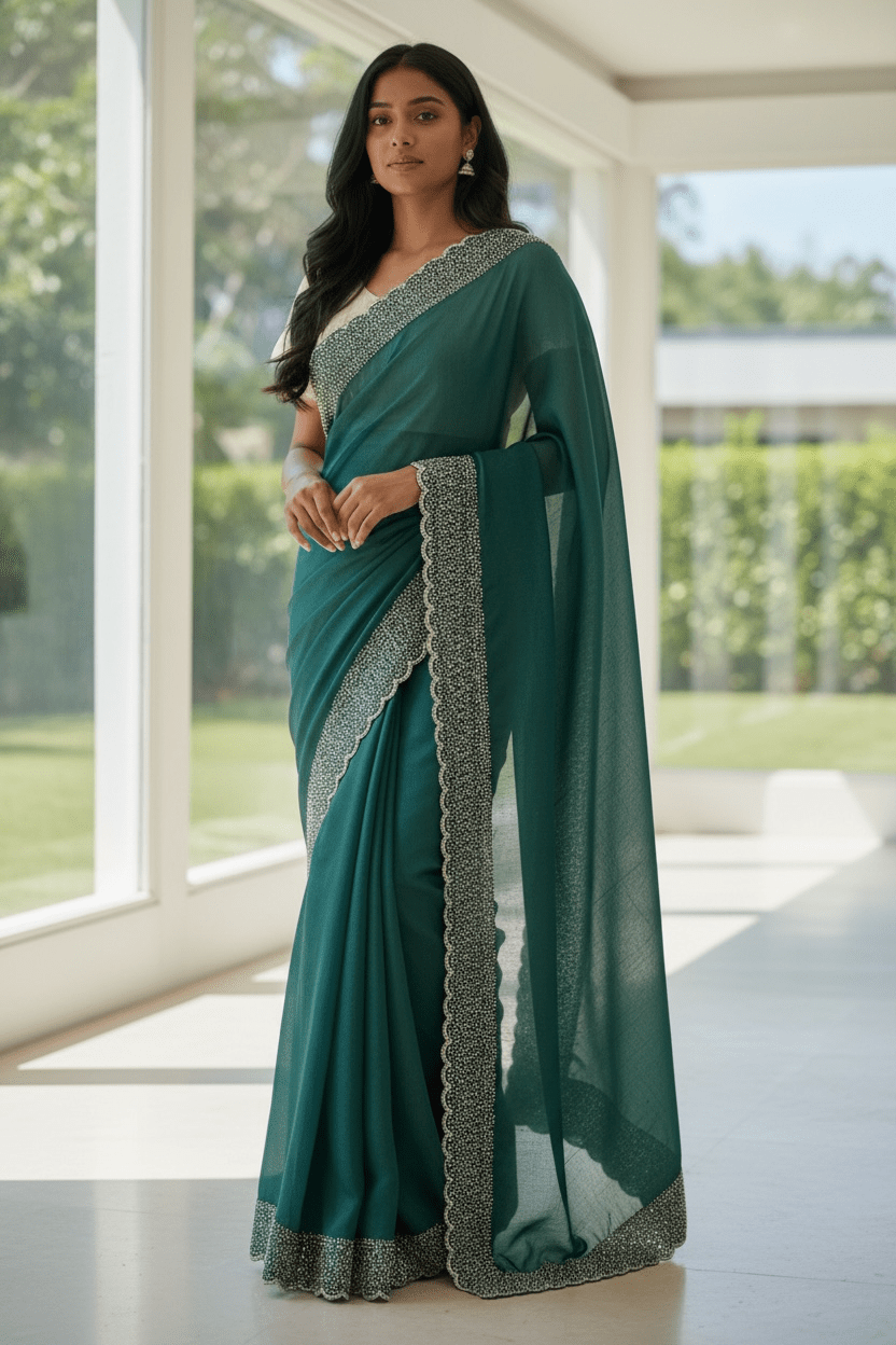 Turquoise Blue - Classic Saree with Stone Work Border and Blouse Piece - UK stock - 24hr Dispatch - RS2538 VP - Prachy Creations