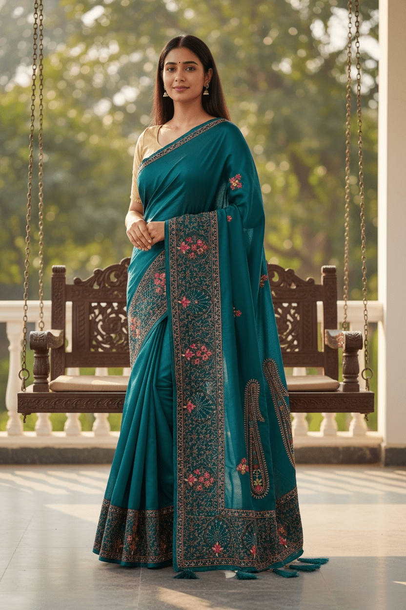 Turquoise Blue - Classic Saree with Thread Work and Blouse Piece - UK stock - 24hr Dispatch - RS2505 VY - Prachy Creations