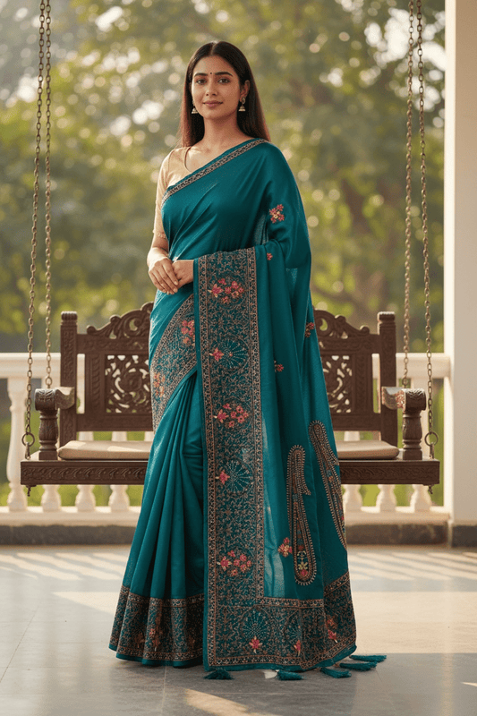 Turquoise Blue - Classic Saree with Thread Work and Blouse Piece - UK stock - 24hr Dispatch - RS2505 VY - Prachy Creations
