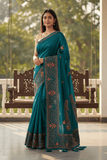 Turquoise Blue - Classic Saree with Thread Work and Blouse Piece - UK stock - 24hr Dispatch - RS2505 VY - Prachy Creations