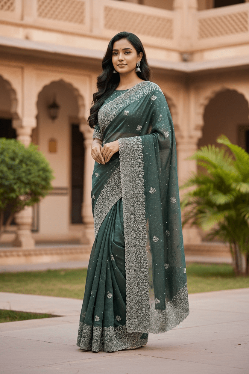 Turquoise Blue - Classic Saree with Thread Work Border and Blouse Piece - UK stock - 24hr Dispatch - RS2534 VY - Prachy Creations