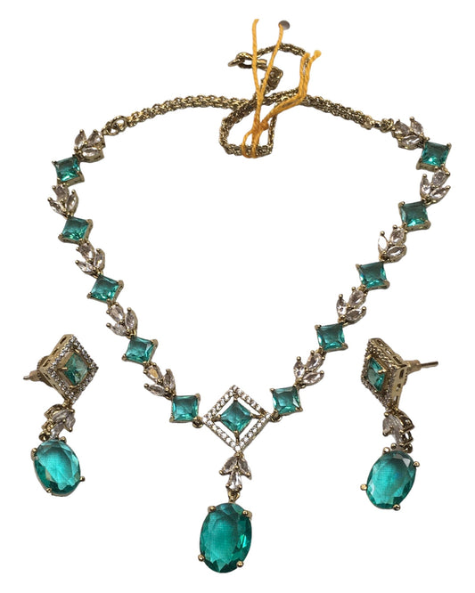 Turquoise Blue - Medium - Antique Gold Finish Necklace Set with Earrings - AE2407 A 0724 - Prachy Creations