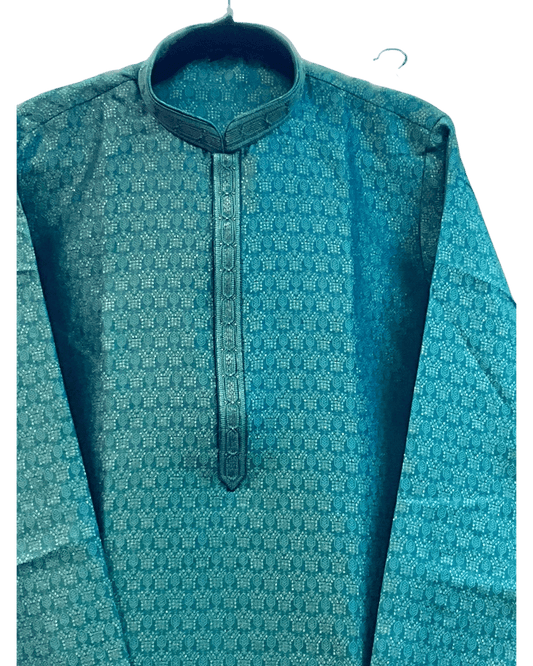 Turquoise Blue - Men’s Embroidered Jacquard Kurta Set with Trousers - UK Stock - Weddings / Walimas , Sangeet, Diwali, Eid, Mehndi / Henna - VEE2725 VK - Prachy Creations