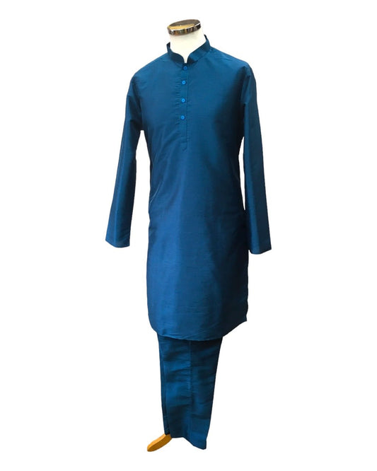 Turquoise Blue - Mens Plain Silky Kurta Set with matching smart trousers - Great with Waistcoats YD2320 KJ 0623 - Prachy Creations