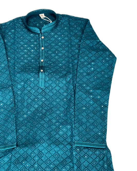 Turquoise Blue - Rich Sequins Lucknowi Mens Indian Kurta set with Trousers - UK Stock - Weddings / Walimas , Sangeet, Diwali, Eid, Mehndi / Henna - EM10513 05VH26 - Prachy Creations