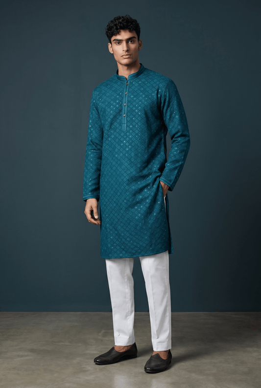 Turquoise Blue - Rich Sequins Lucknowi Mens Indian Kurta set with Trousers - UK Stock - Weddings / Walimas , Sangeet, Diwali, Eid, Mehndi / Henna - EM10513 05VH26 - Prachy Creations