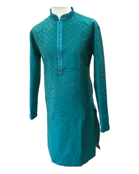 Turquoise Blue - Silky Self Brocade Mens Kurta Set - Wedding Sangeet Mehendi Haldi - SHU2308 KT 0923 - Prachy Creations