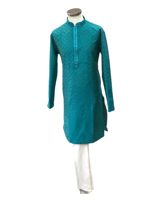 Turquoise Blue - Silky Self Brocade Mens Kurta Set - Wedding Sangeet Mehendi Haldi - SHU2308 KT 0923 - Prachy Creations