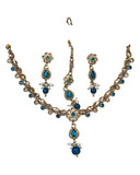 Turquoise Blue - Small Size Antique Gold Finish Necklace Set with Earrings & Head Piece /Tika- SLV78 11Ap24 - Prachy Creations