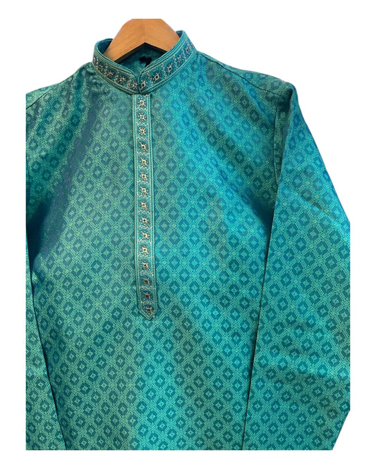 Turquoise Green - Banarasi Handloom Brocade Mens Indian Kurta set - UK Stock - Weddings / Walimas , Sangeet, Diwali, Eid, Mehndi / Henna - VEE2433 VR - Prachy Creations