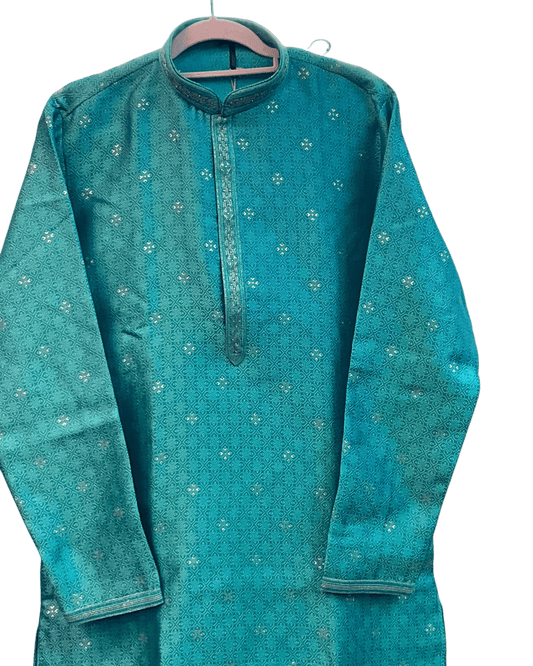 Turquoise Green - Banarasi Handloom Brocade Mens Indian Kurta set with Trousers - UK Stock - Weddings / Walimas , Sangeet, Diwali, Eid, Mehndi / Henna - VEE3023 VY - Prachy Creations
