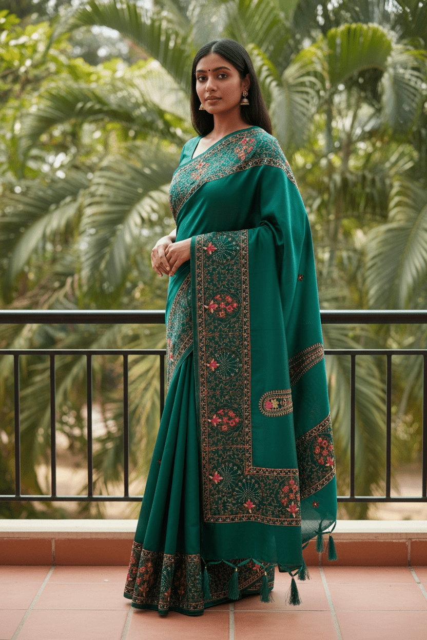 Turquoise Green - Classic Saree with Thread Work and Blouse Piece - UK stock - 24hr Dispatch - RS2505 VY - Prachy Creations