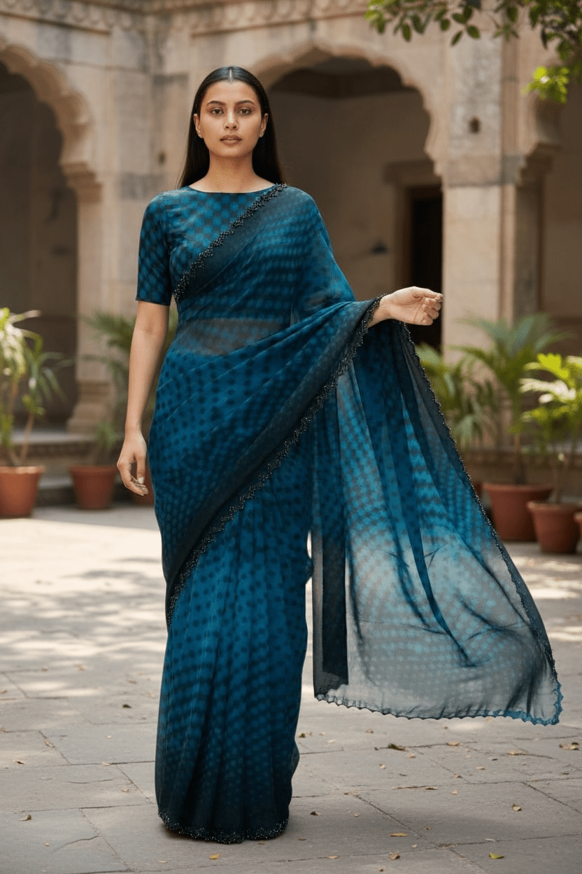 Turquoise Green - Printed Crepe Silky Saree with Blouse Piece - UK stock - 24hr Dispatch - RS2528 VR - Prachy Creations