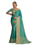 Turquoise - Handloom - Banarasi Crepe Saree with Blouse Piece - JOHJAN47004 10VY25 - Prachy Creations