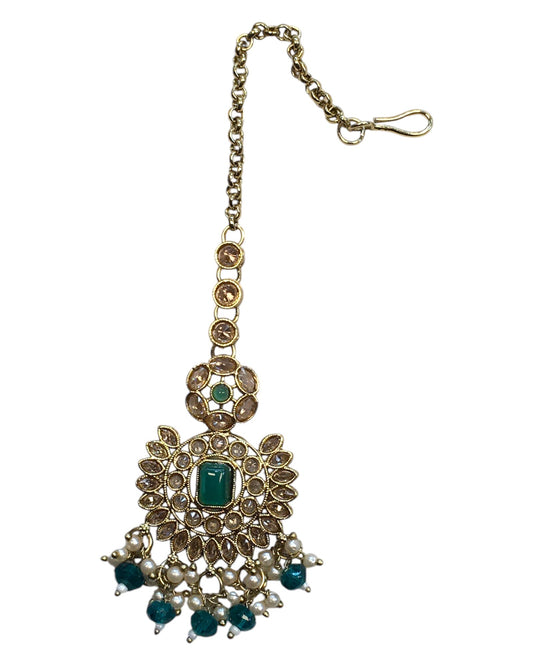 Turquoise - Large - Antique Gold Finish Traditional Tika Head piece - Bollywood - Weddings - PRI1773 11V24 - Prachy Creations