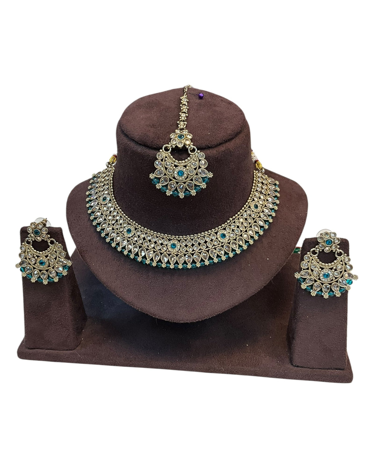 Turquoise - Large Size Antique Gold Finish Necklace Set with Earrings - SJ01 KVp - Prachy Creations