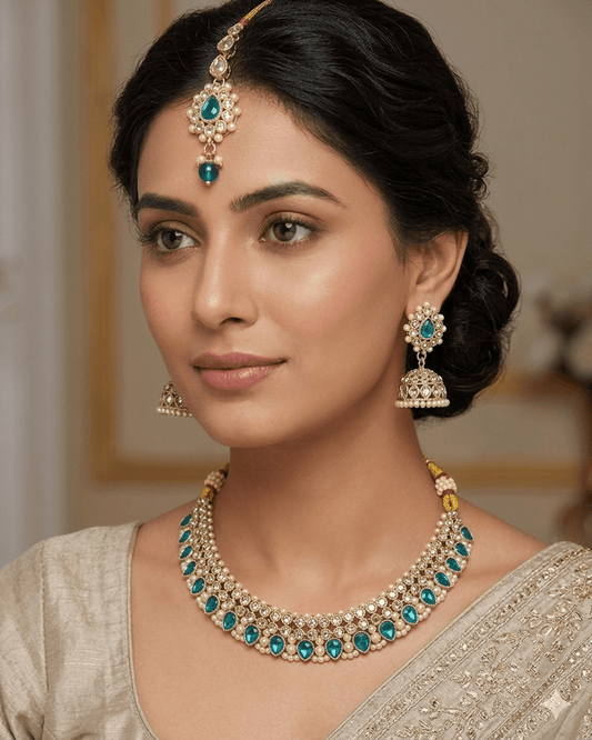 Turquoise - Medium Size Antique Gold Finish Necklace Set with Earrings & Head Piece - 6NS449 04H26 - Prachy Creations