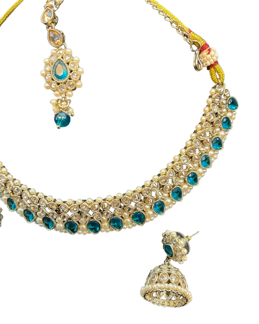 Turquoise - Medium Size Antique Gold Finish Necklace Set with Earrings & Head Piece - 6NS449 04H26 - Prachy Creations