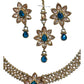 Turquoise - Medium Size Antique Gold Finish Necklace Set with Earrings & Head Piece /Tika- SLV80 11H24 - Prachy Creations