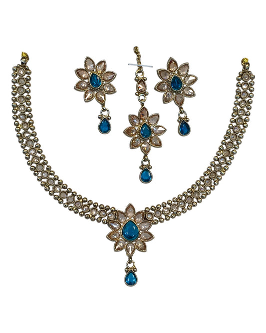 Turquoise - Medium Size Antique Gold Finish Necklace Set with Earrings & Head Piece /Tika- SLV80 11H24 - Prachy Creations