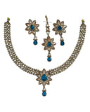 Turquoise - Medium Size Antique Gold Finish Necklace Set with Earrings & Head Piece /Tika- SLV80 11H24 - Prachy Creations