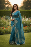 Turquoise - Rich Saree with Stone Work Border and Blouse Piece - UK stock - 24hr Dispatch - RS2511 TA - Prachy Creations