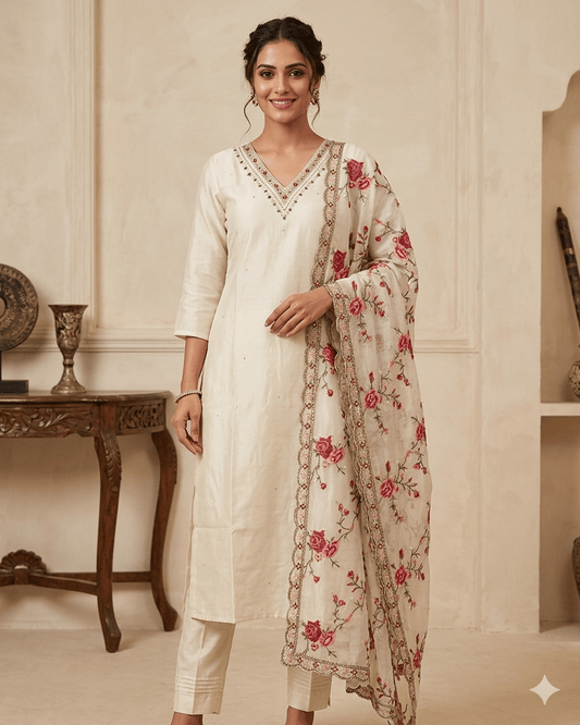 UK 10 / 36" - Cream - Silky Ladies Trousers Suit - Sangeet / Henna / Temple - OC42228 TP - Prachy Creations