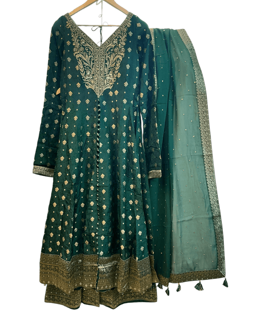 UK 10 / 36" - Forest Green - Designer Ladies Sharara / Palazzo / Anarkali Trousers Suit - UK Stock - Sangeet / Henna / Weddings - VMK Aradhya 04AY26 - Prachy Creations