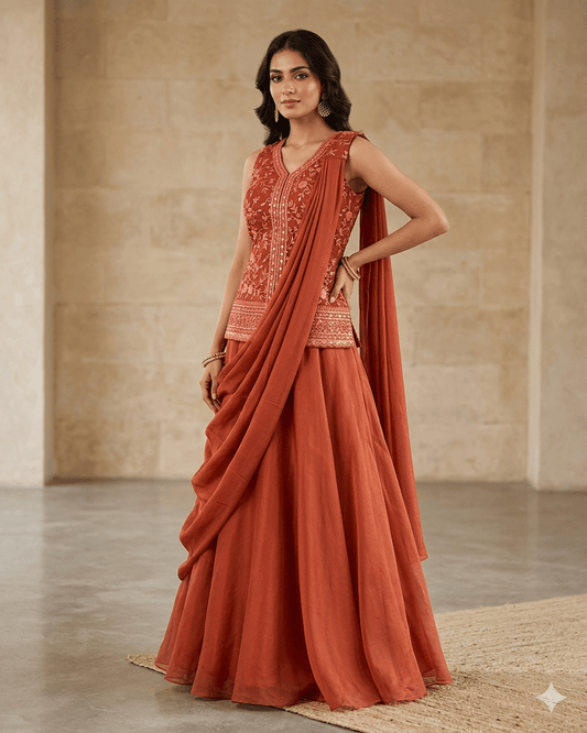 UK 10 / 36" - Rust / Orange - Ladies Sharara / Palazzo Trousers Suit - UK Stock - Sangeet / Henna / Weddings - HEL6520 PY - Prachy Creations