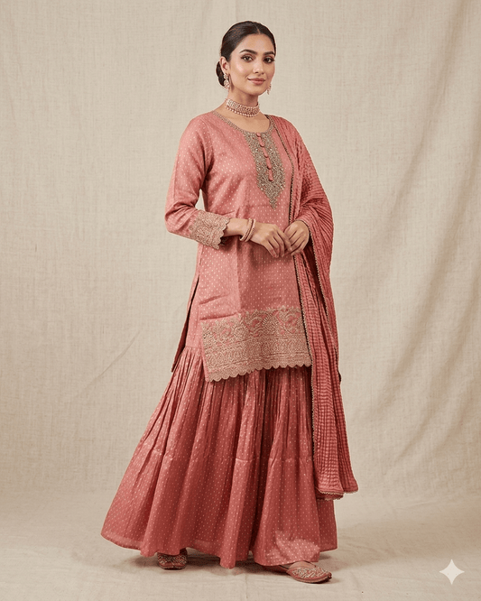 UK 12 / 38" - Coral Pink - Ladies Sharara / Palazzo Trousers Suit - UK Stock - Sangeet / Henna / Weddings - HEL6501 JY - Prachy Creations