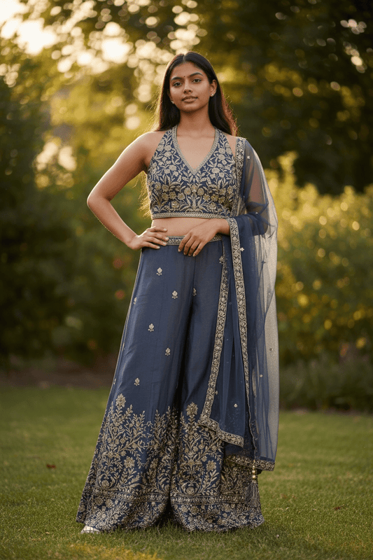 UK 12 / 38" - Navy Blue - Designer Ladies Indian Short Top Palazzo Trousers Suit - UK Stock - 2/3 days delivery - VMK COBRA CY - Prachy Creations