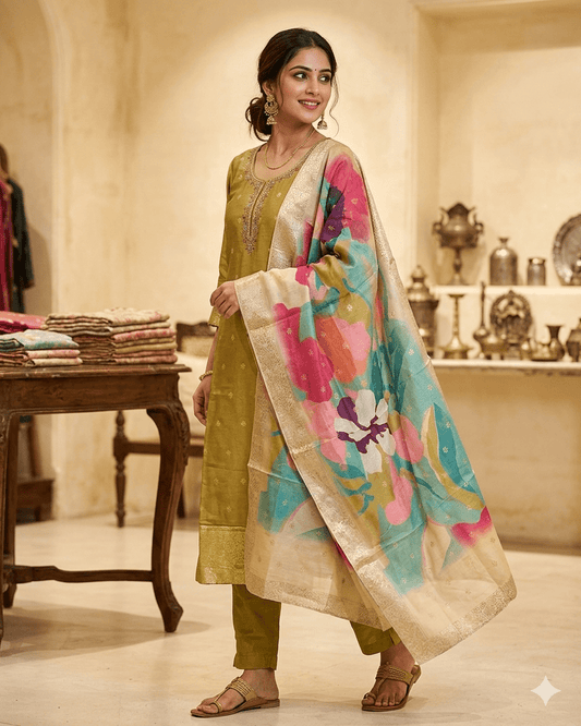 UK 12 / 38" - Olive Green - Silky Ladies Trousers Suit - Sangeet / Henna / Temple - OC34091 TC - Prachy Creations