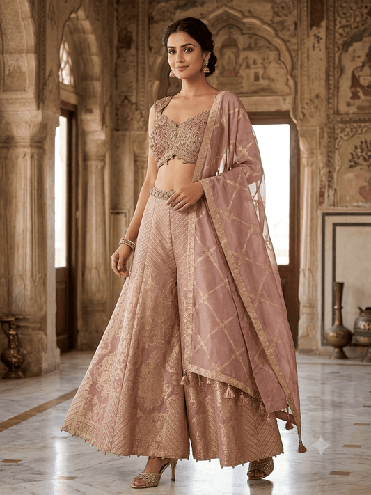 UK 12 / 38" - Pastel Baby Pink - Designer Ladies Indian Short Top Palazzo Trousers Suit - UK Stock - 2/3 days delivery - VMK Jivika AV - Prachy Creations