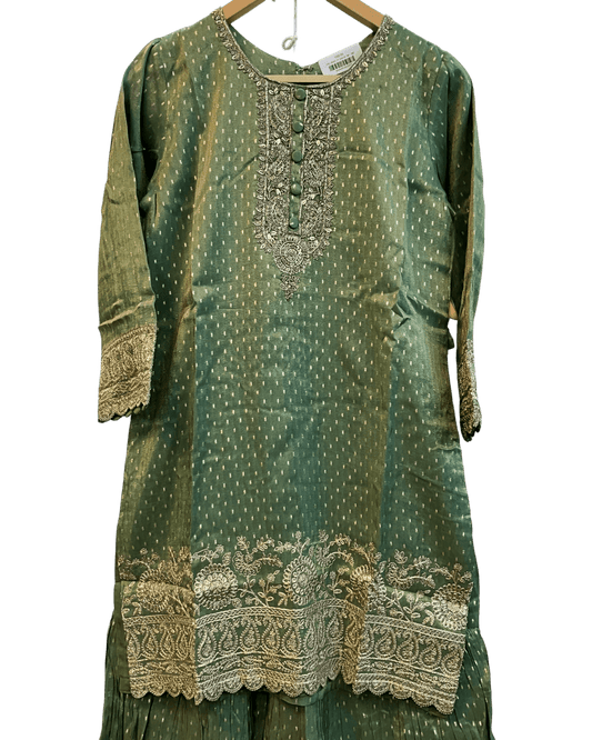 UK 12 / 38" - Sage Green - Ladies Sharara / Palazzo Trousers Suit - UK Stock - Sangeet / Henna / Weddings - HEL6501 JY - Prachy Creations