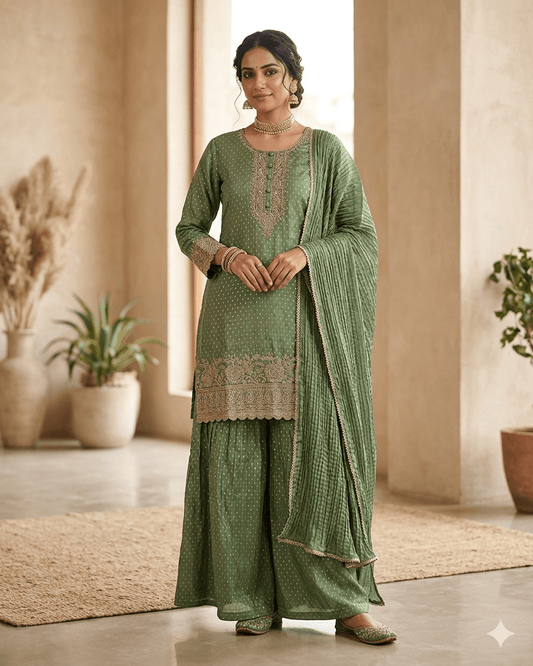 UK 12 / 38" - Sage Green - Ladies Sharara / Palazzo Trousers Suit - UK Stock - Sangeet / Henna / Weddings - HEL6501 JY - Prachy Creations