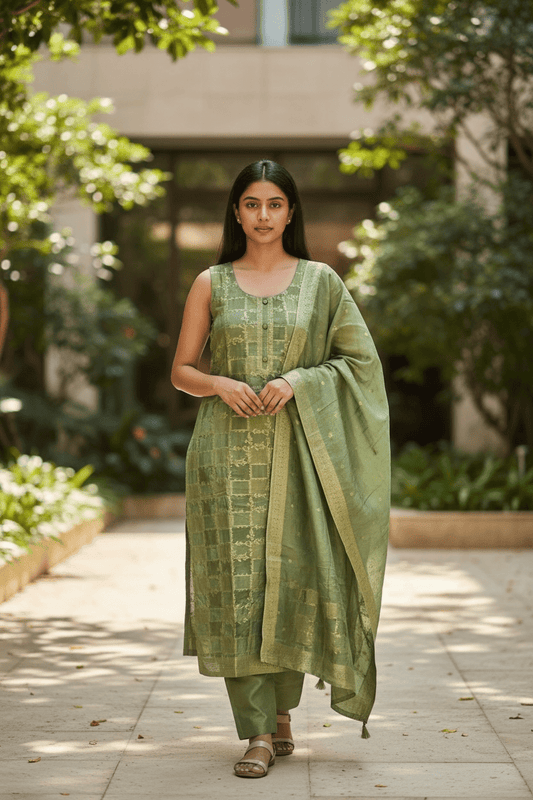 UK 14 / 40" - Sage Green - Silky Brocade Ladies Trousers Suit - Sangeet / Henna / Temple - OC42126 TY - Prachy Creations
