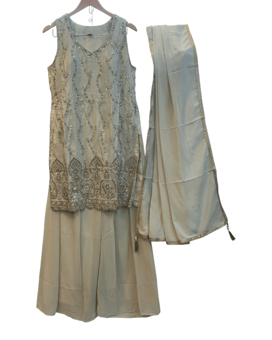 UK 16 / 42" - Cream / Light Gold - Crepe Ladies Sharara / Palazzo Trousers Suit - Sangeet / Henna / Temple - OC76137 TA - Prachy Creations