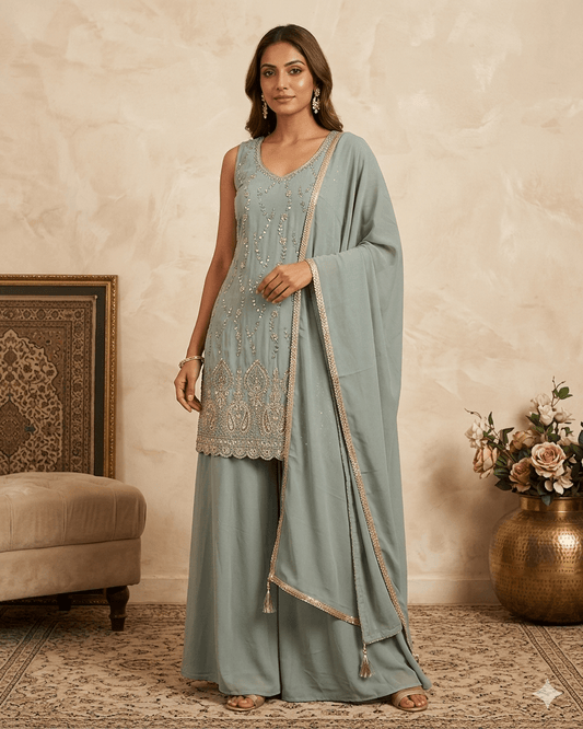 UK 16 / 42" - Sea Green - Crepe Ladies Sharara / Palazzo Trousers Suit - Sangeet / Henna / Temple - OC76137 TA - Prachy Creations