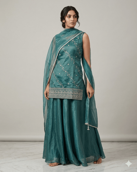 UK 16 / 42" - Teal Green - Ladies Sharara / Palazzo Trousers Suit - UK Stock - Sangeet / Henna / Weddings - OC7302 VC - Prachy Creations