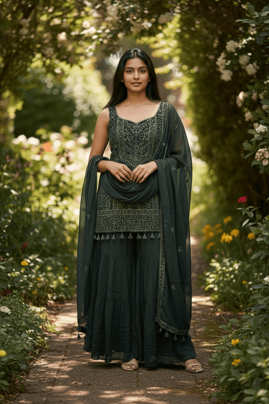 UK 18 / 44" - Black - Designer Ladies Indian Medium Top Palazzo Trousers Suit - UK Stock - 2/3 days delivery - VMK CHARMI RP - Prachy Creations