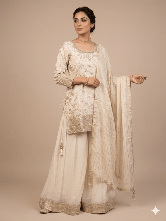 UK 18 / 44" - Cream / Light Gold - Crepe Ladies Sharara / Palazzo Trousers Suit - Sangeet / Henna / Temple - OC83009 JV - Prachy Creations