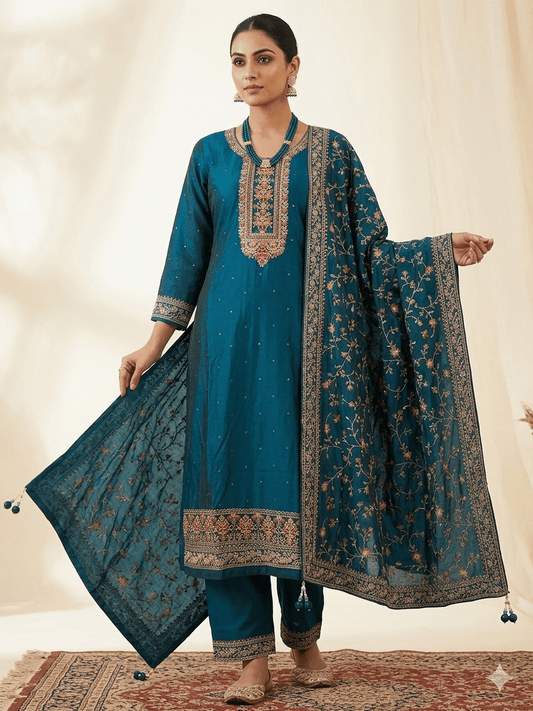UK 18 / 44" - Teal Blue - Crepe Ladies Trousers Suit - Sangeet / Henna / Temple - OC569 TP - Prachy Creations