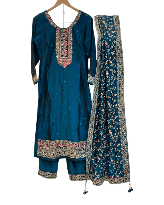 UK 18 / 44" - Teal Blue - Crepe Ladies Trousers Suit - Sangeet / Henna / Temple - OC569 TP - Prachy Creations