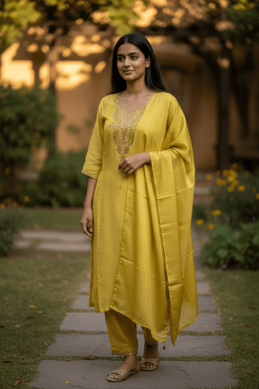 UK14 / 40" - Lemon Yellow - Silky Ladies Trousers Suit - Sangeet / Henna / Temple - KCS250190 TY - Prachy Creations