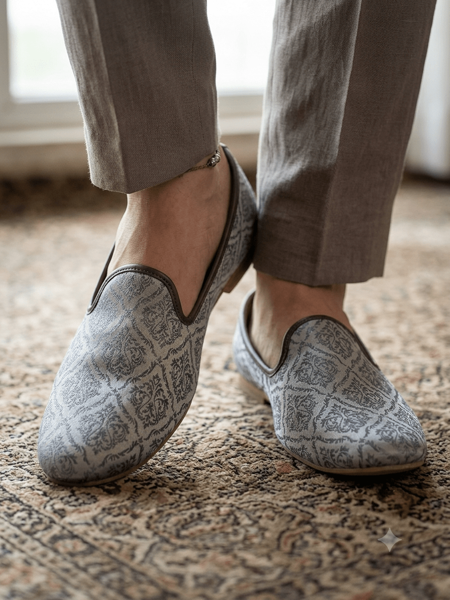 Very Comfortable Silver Grey Brocade Loafer Style Mojri - Indian Mens shoes - Mojari , Khossay - YD2602 - Prachy Creations