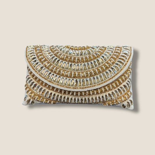 White & Gold Finish - Rich Hand Embroidered Clutch Bag / Handbag -Bollywood / Weddings - AKB238 05KP25 - Prachy Creations