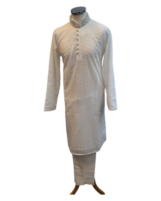 White - Locknawi Chikankari Self Brocade Mens Indian Kurta set - Weddings / Walimas , Sangeet, Mehndi / Henna , Eid / Diwali - BS2502 01JY25 - Prachy Creations