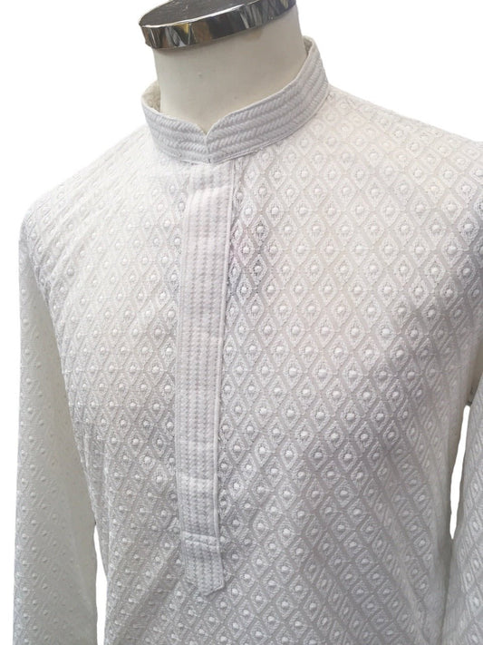 White - Lucknowi Cotton Men's Rich Kurta Set with Straight Pants - Indica KH 0324 - Prachy Creations