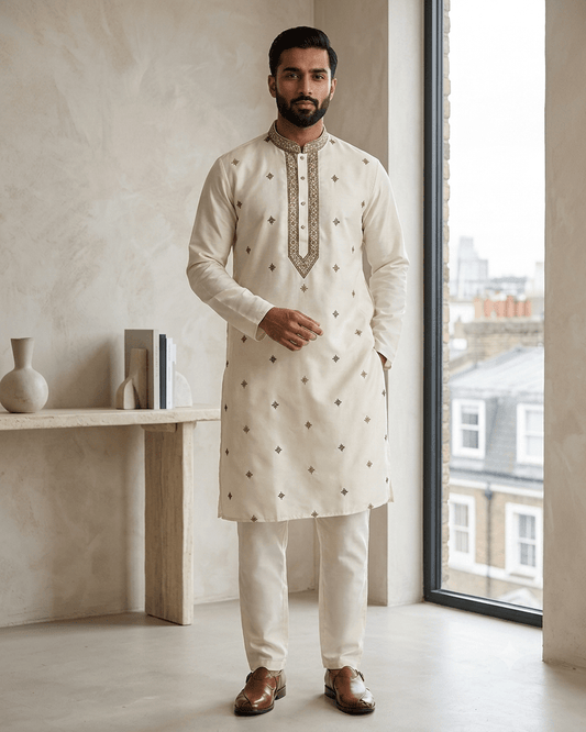 White / Off White - Soft Cotton Silky Mens Kurta Set with Neck Thread Embroidery- Sangeet Mehendi Haldi - KCS1025 06VY26 - Prachy Creations