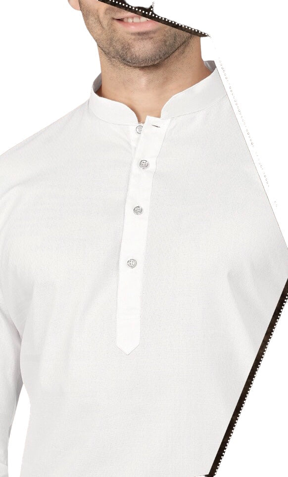 White - Pure Cotton Mens Indian Kurta set - Funeral, Temple, Eid, Mehndi, Haldi (with Draw stringed trousers) - Cello KV - Prachy Creations